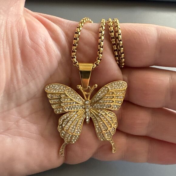 Butterfly Gold Tone Pendant Necklace Stainless Steel Gift Her Cubic Zirconia - Picture 5 of 6